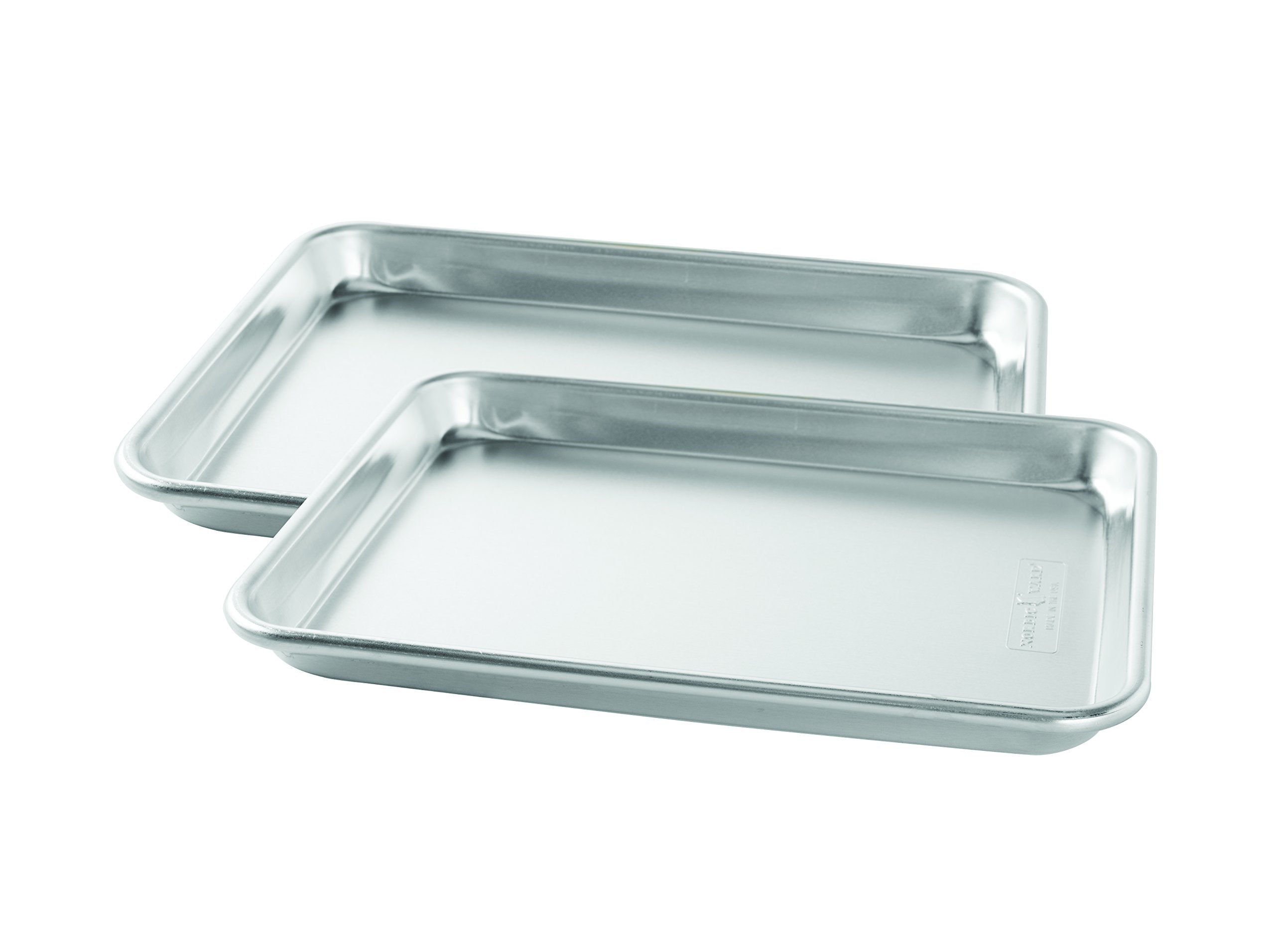 Nordic Ware quarter sheet front view showing durable aluminum and even heat benefit