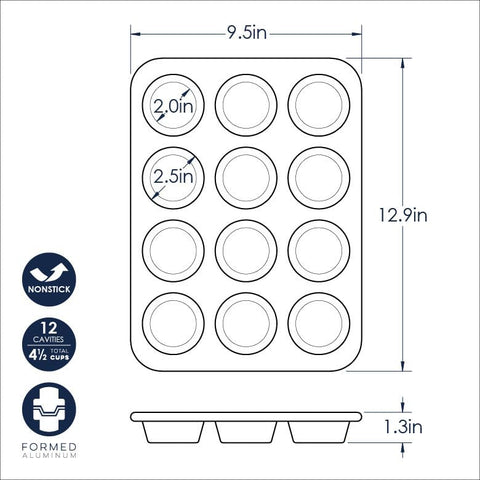 Nordic Ware pan next to a standard muffin showing 2.75 inch cups for accurate portion size