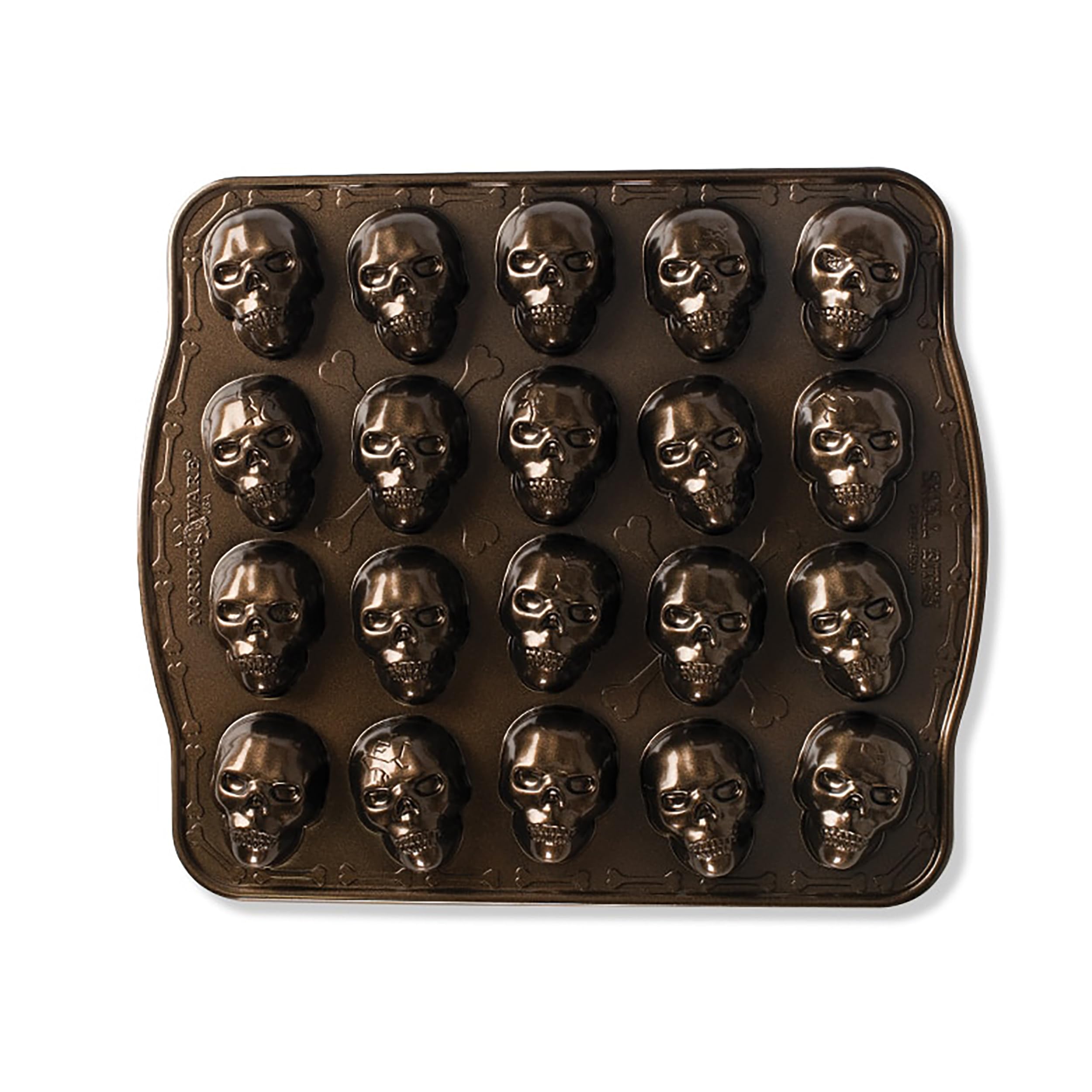 Nordic Ware skull bite front view showing bronze finish and 20 cavities for crisp shapes