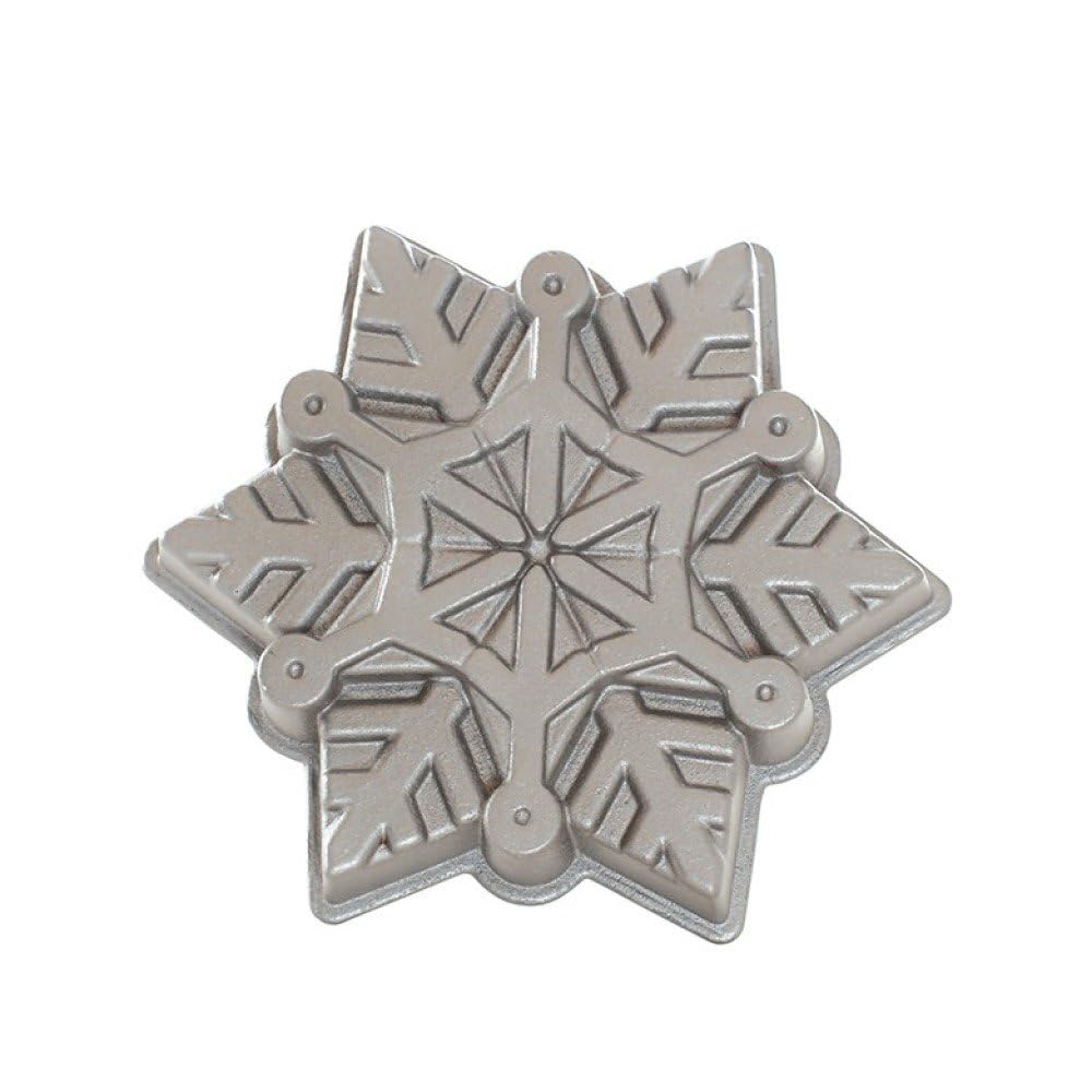 Nordic Ware front view of snowflake pan showing shape and benefit of detailed cakes