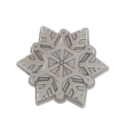 Nordic Ware front view of snowflake pan showing shape and benefit of detailed cakes