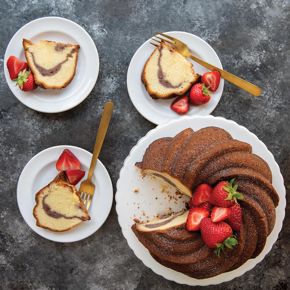 Nordic Ware Bundt pan with finished cake showing easy release and elegant presentation