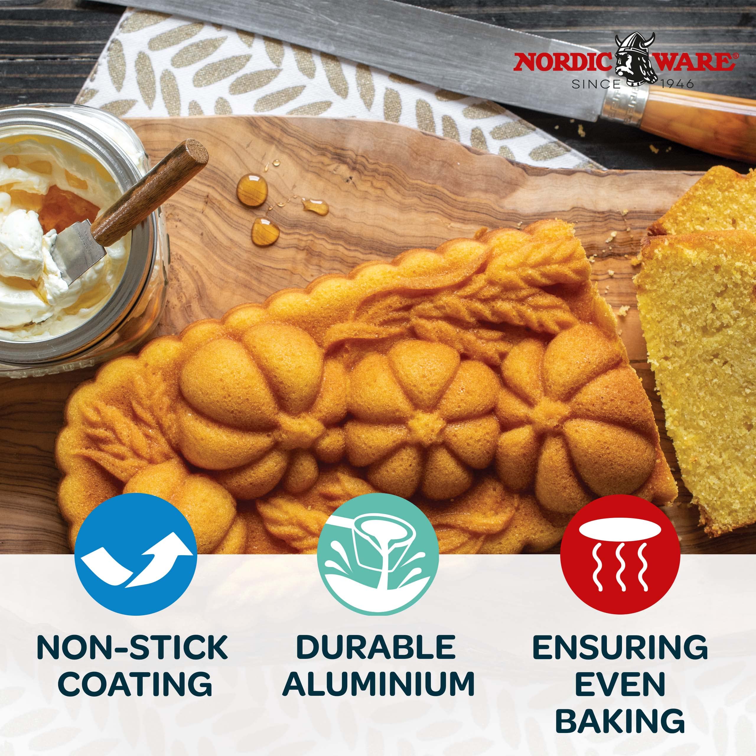 Nordic Ware bronze finish highlights durable cast aluminum and attractive appearance