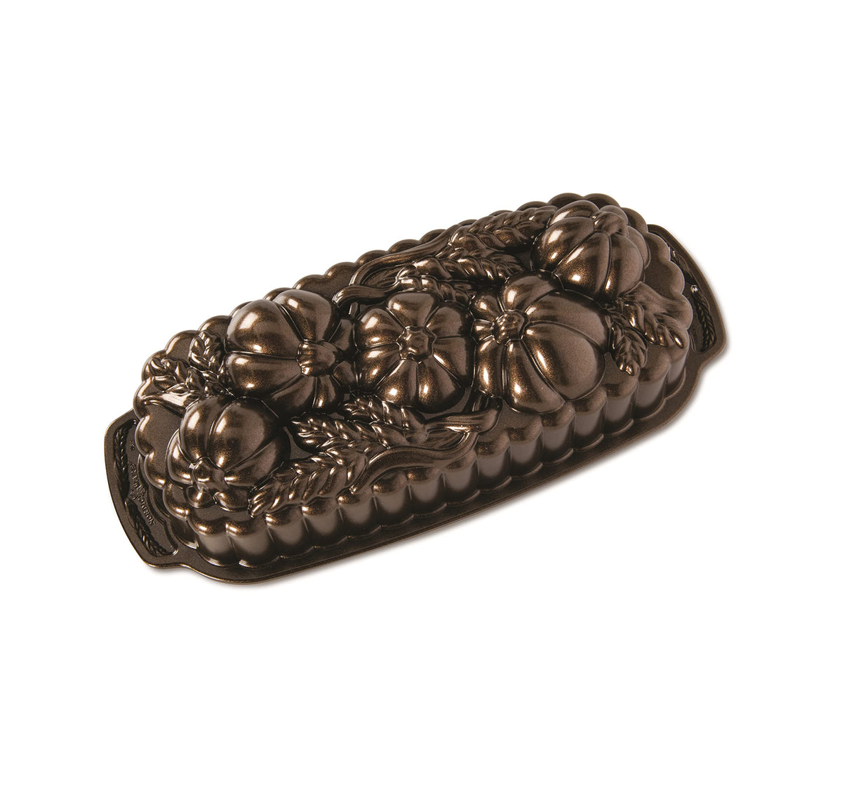 Nordic Ware front view shows pan shape and bronze finish for elegant presentation