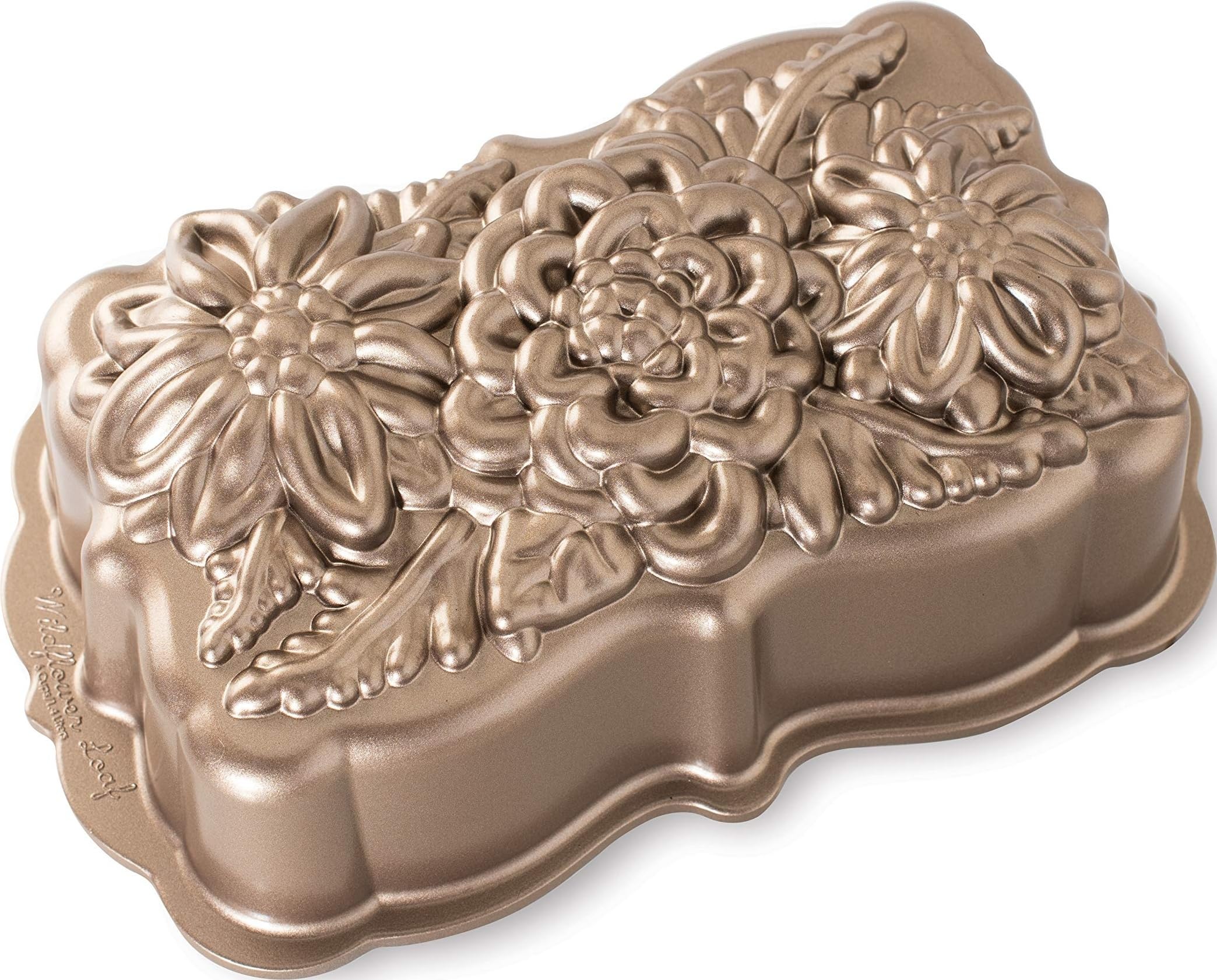 Nordic Ware loaf pan front view showing toffee finish and floral design for decorative loaves