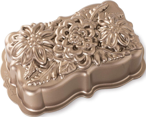 Nordic Ware loaf pan front view showing toffee finish and floral design for decorative loaves