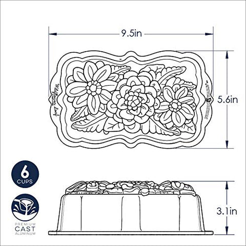 Nordic Ware pan beside measuring cup to display 6-cup capacity and scale for recipe planning