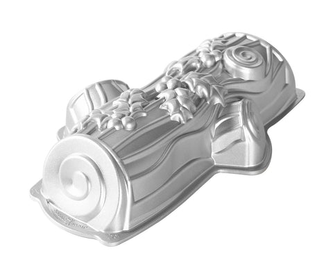 Nordic Ware front view of Yule Log Pan showing full decorative mold and easy release benefit