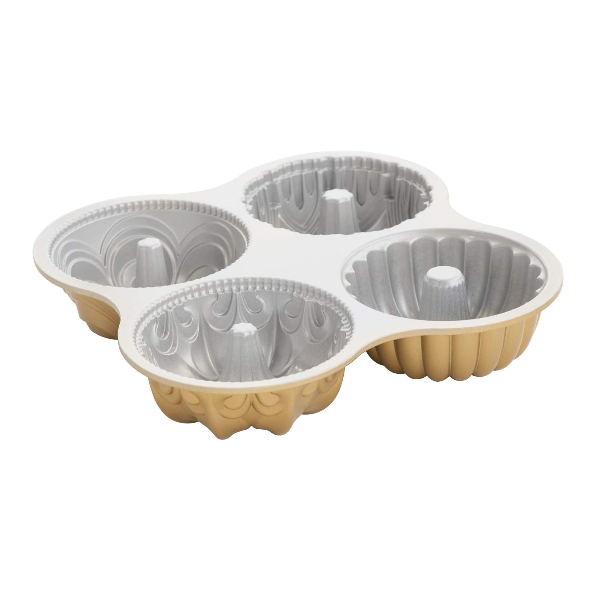 Nordic Ware front view of quartet pans showing gold finish and shapes, showcasing versatility