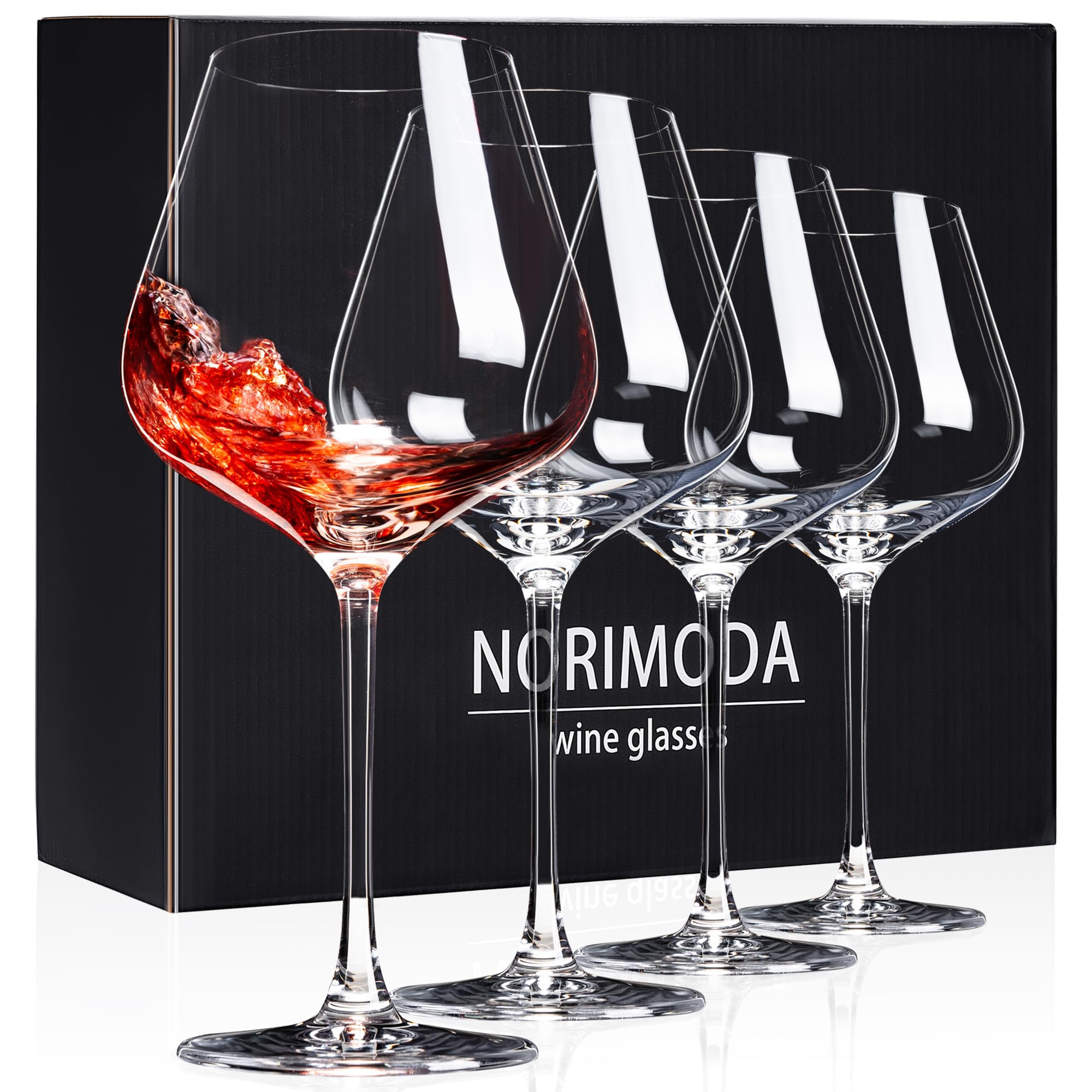 NORIMODA front packaging showing four wine glasses and brand appeal