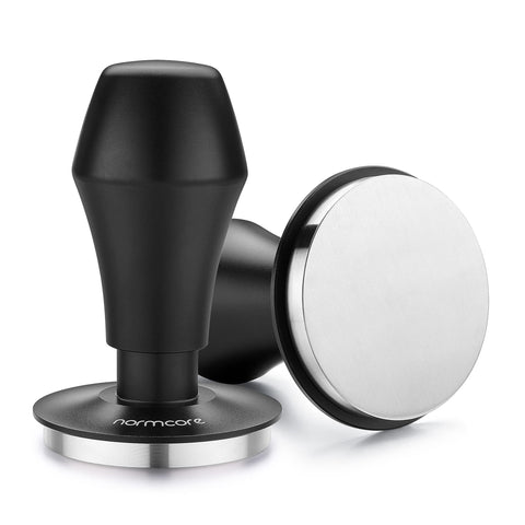 Normcore front view of 58mm tamper showing click mechanism and professional look, improving confidence