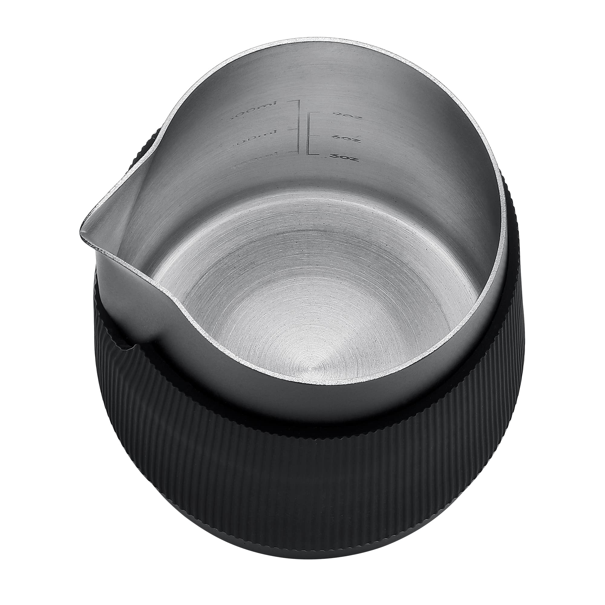Normcore pitcher next to espresso cup showing true 450ml scale