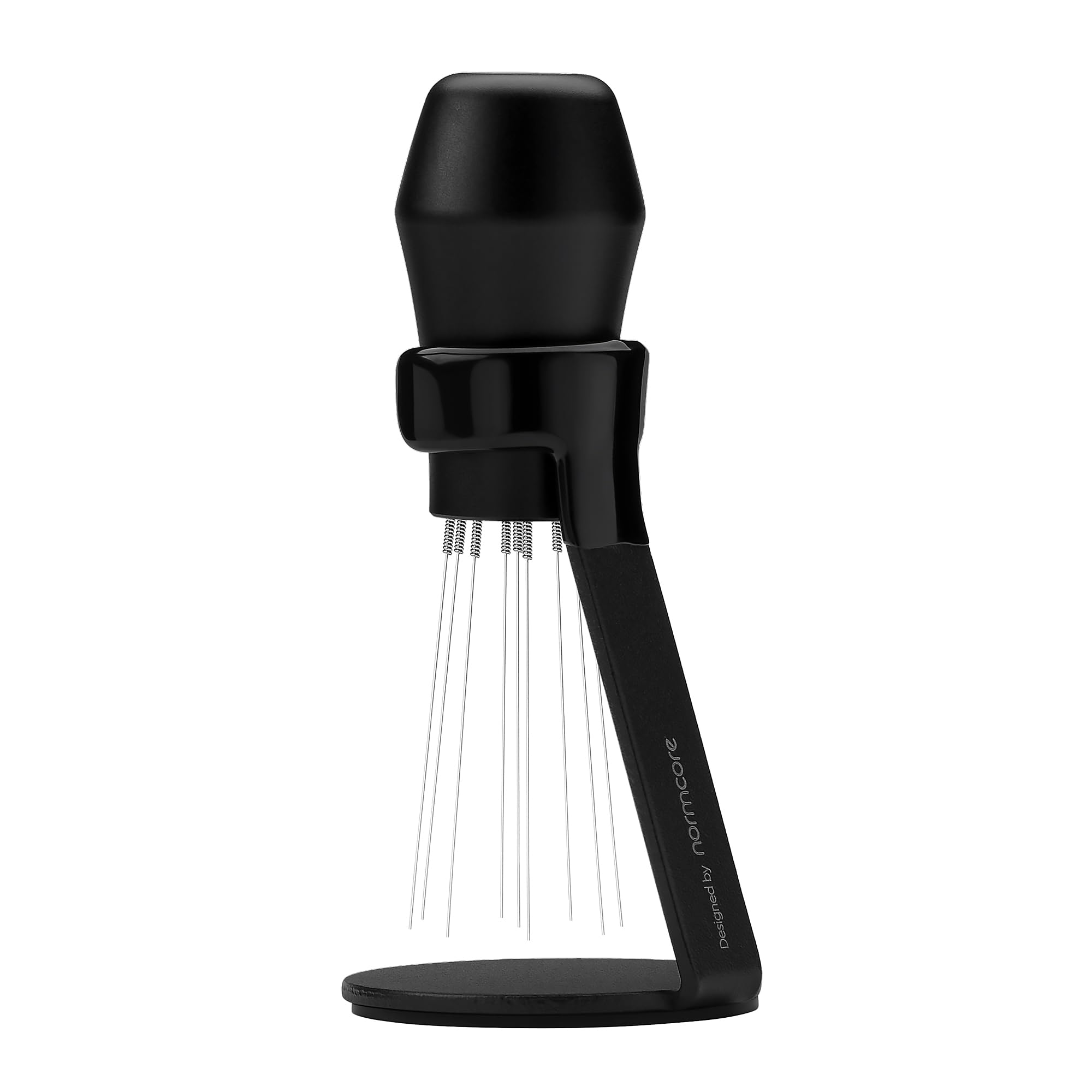 Normcore next to a portafilter showing compact 103mm length for easy storage