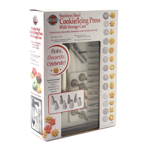 Norpro cookie press stainless steel barrel close-up showing smooth finish and easy cleaning
