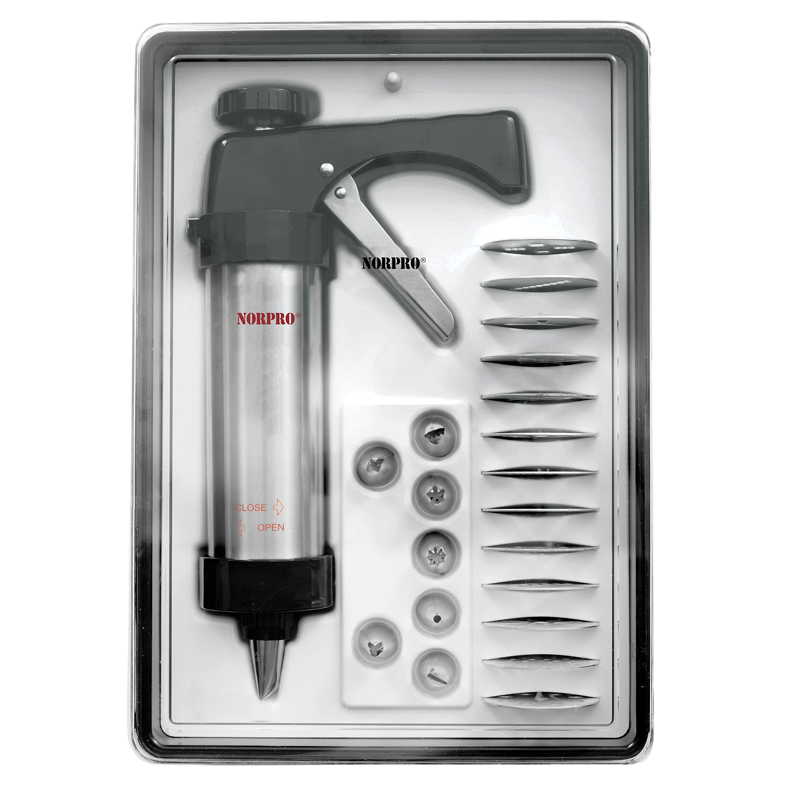 Norpro cookie press open storage case organizing discs tips and barrel for neat storage