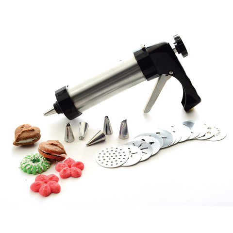 Norpro cookie press fully disassembled into parts for simple washing and maintenance