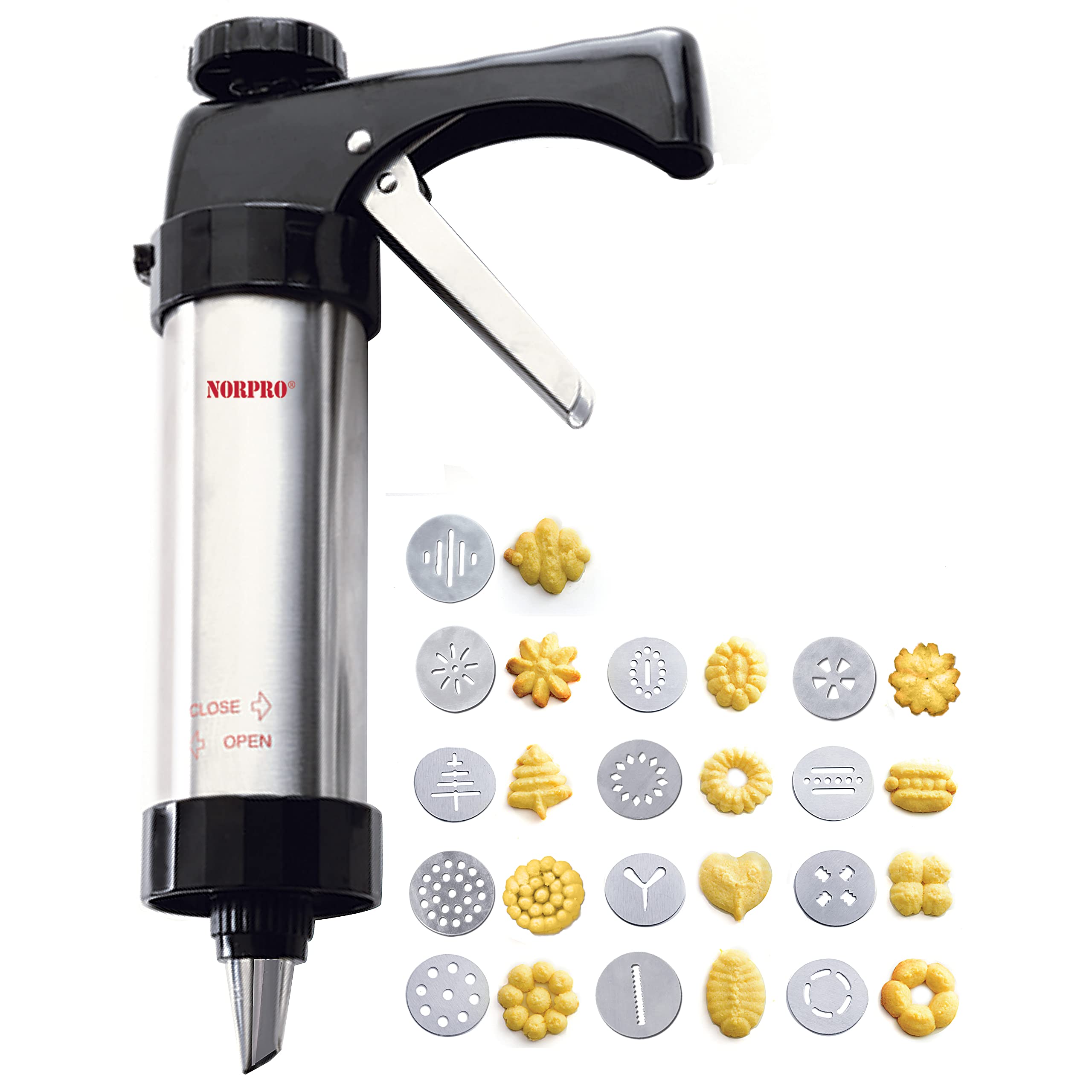Norpro cookie press set of 13 aluminum discs displayed for multiple cookie shapes