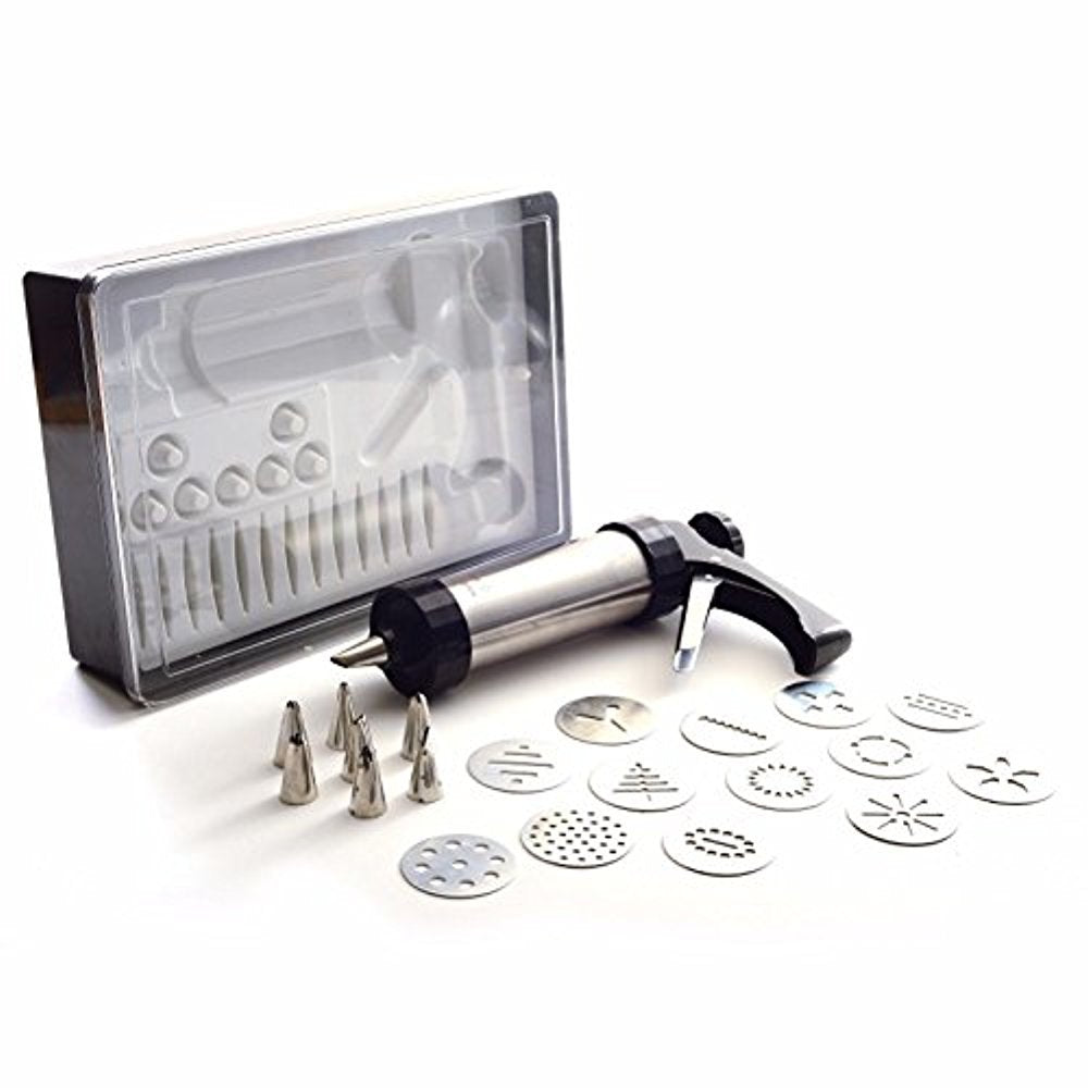 Norpro cookie press front view showing compact stainless steel barrel and handle for durable use