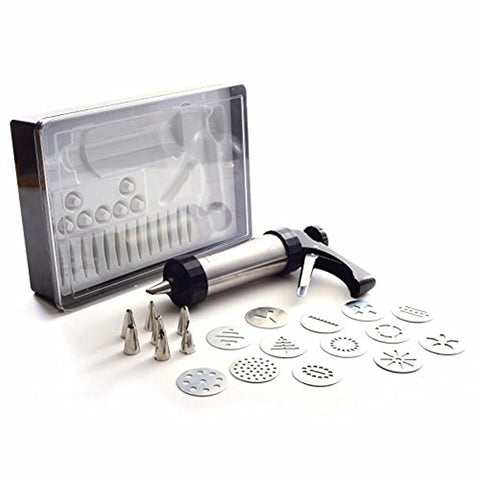 Norpro cookie press front view showing compact stainless steel barrel and handle for durable use