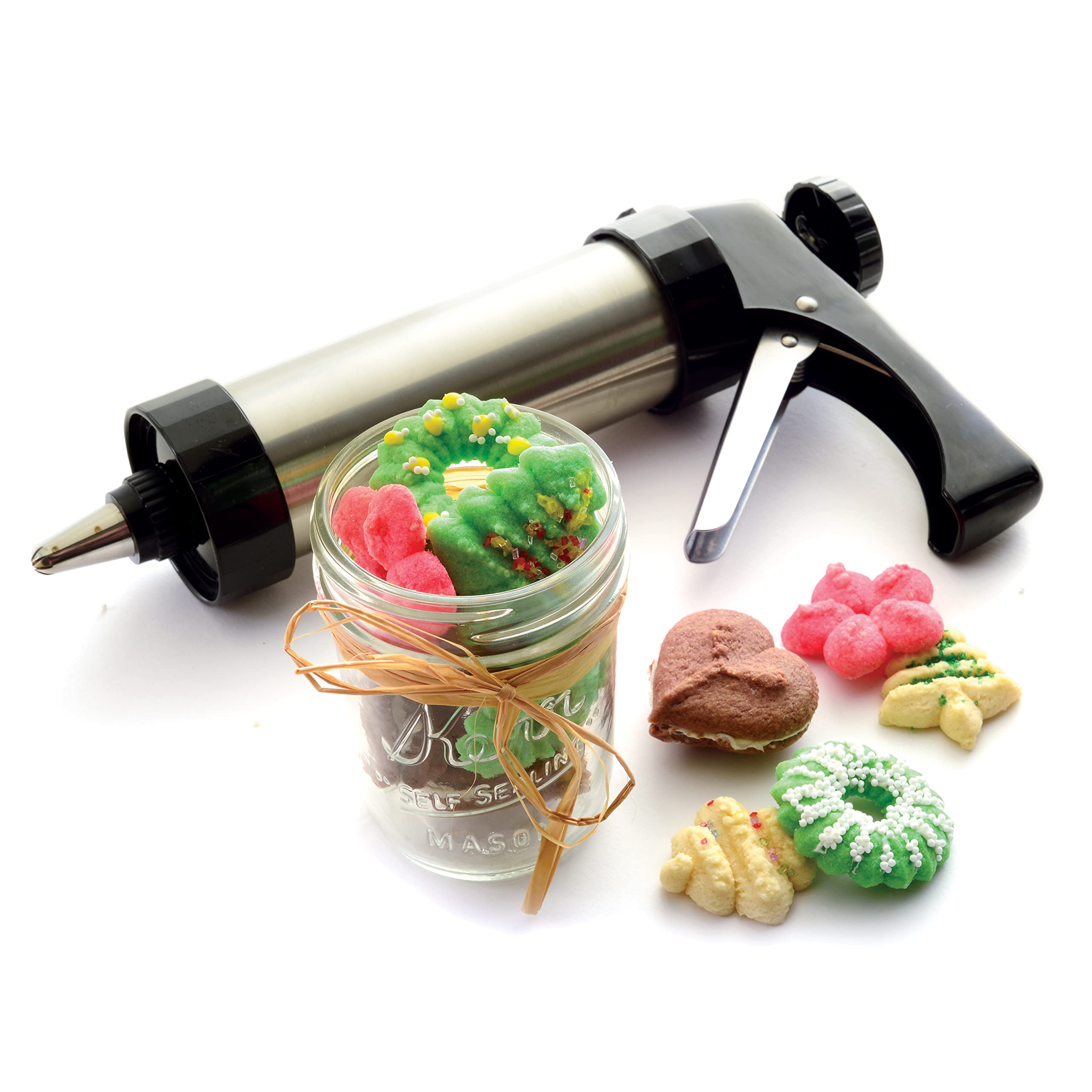Norpro cookie press eight stainless steel icing tips arranged for versatile decorating