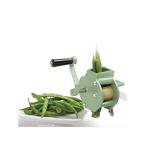 Norpro Bean Frencher clamped to countertop while slicing beans for faster prep