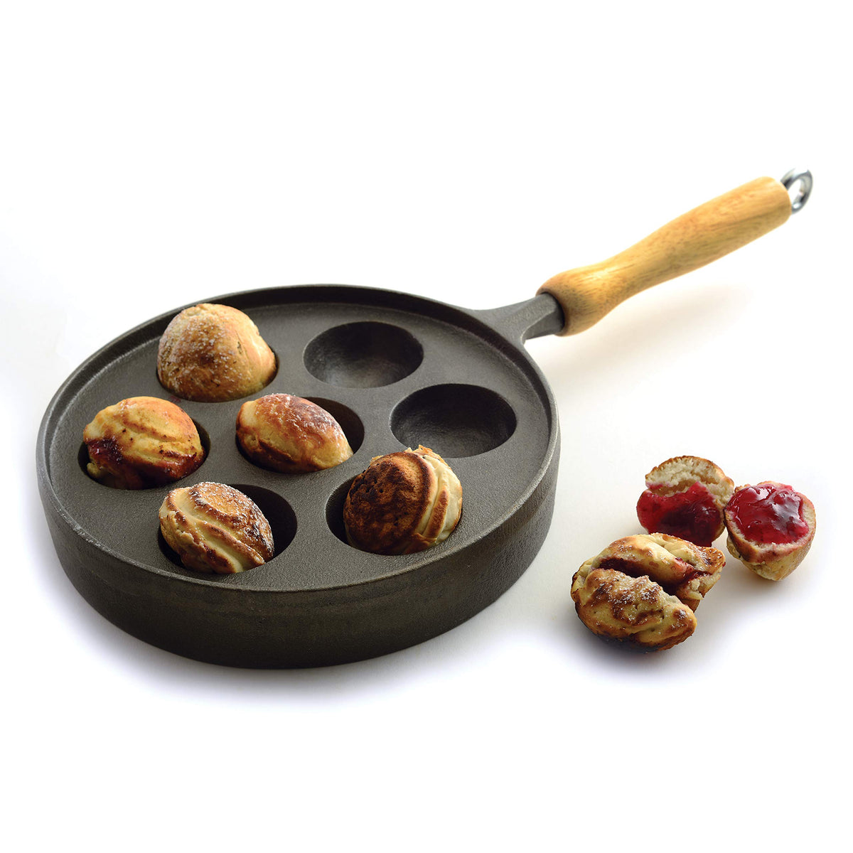 Norpro front view showing pan shape and seven wells for fast batch cooking