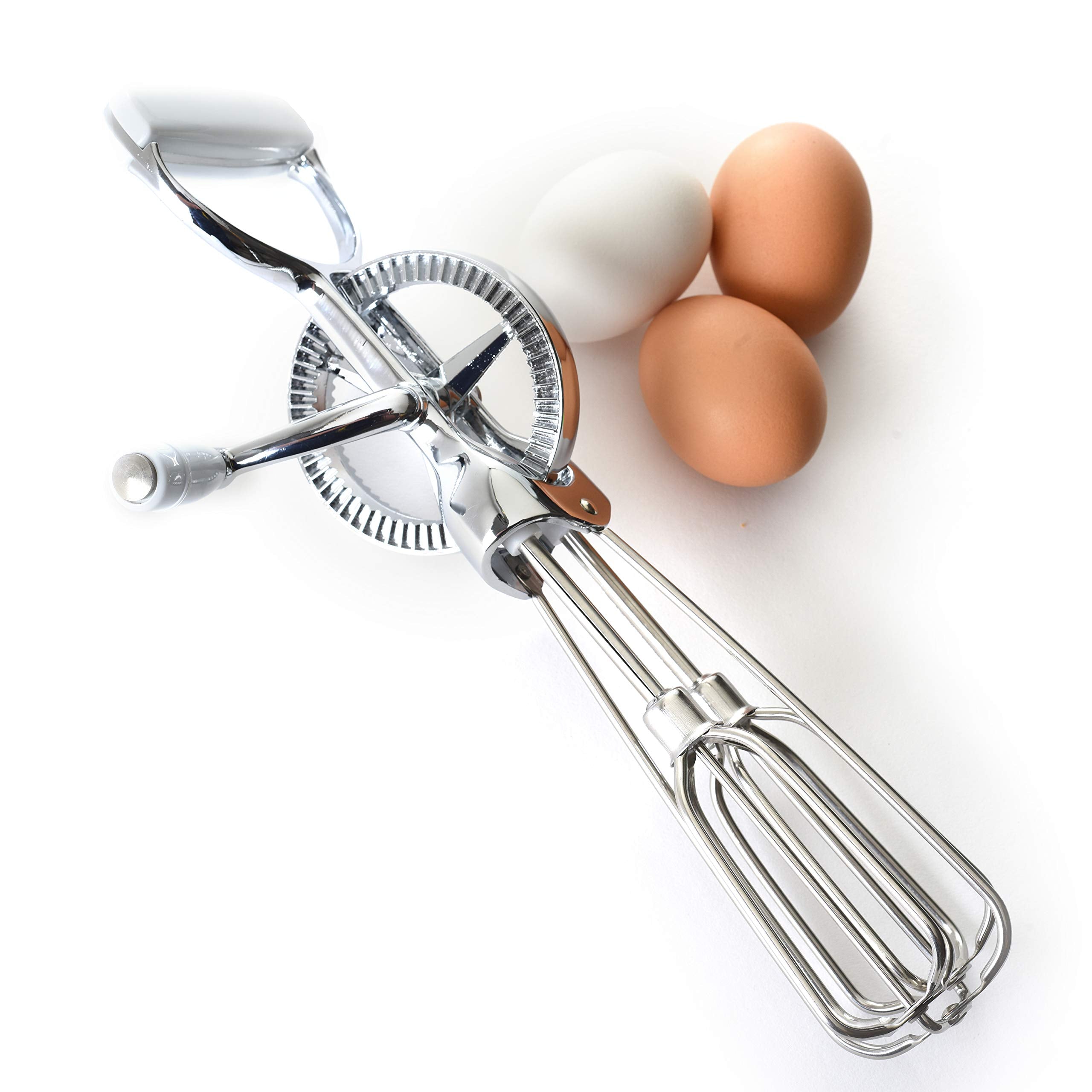 Norpro hand beater whisking batter in a ceramic bowl for efficient mixing control
