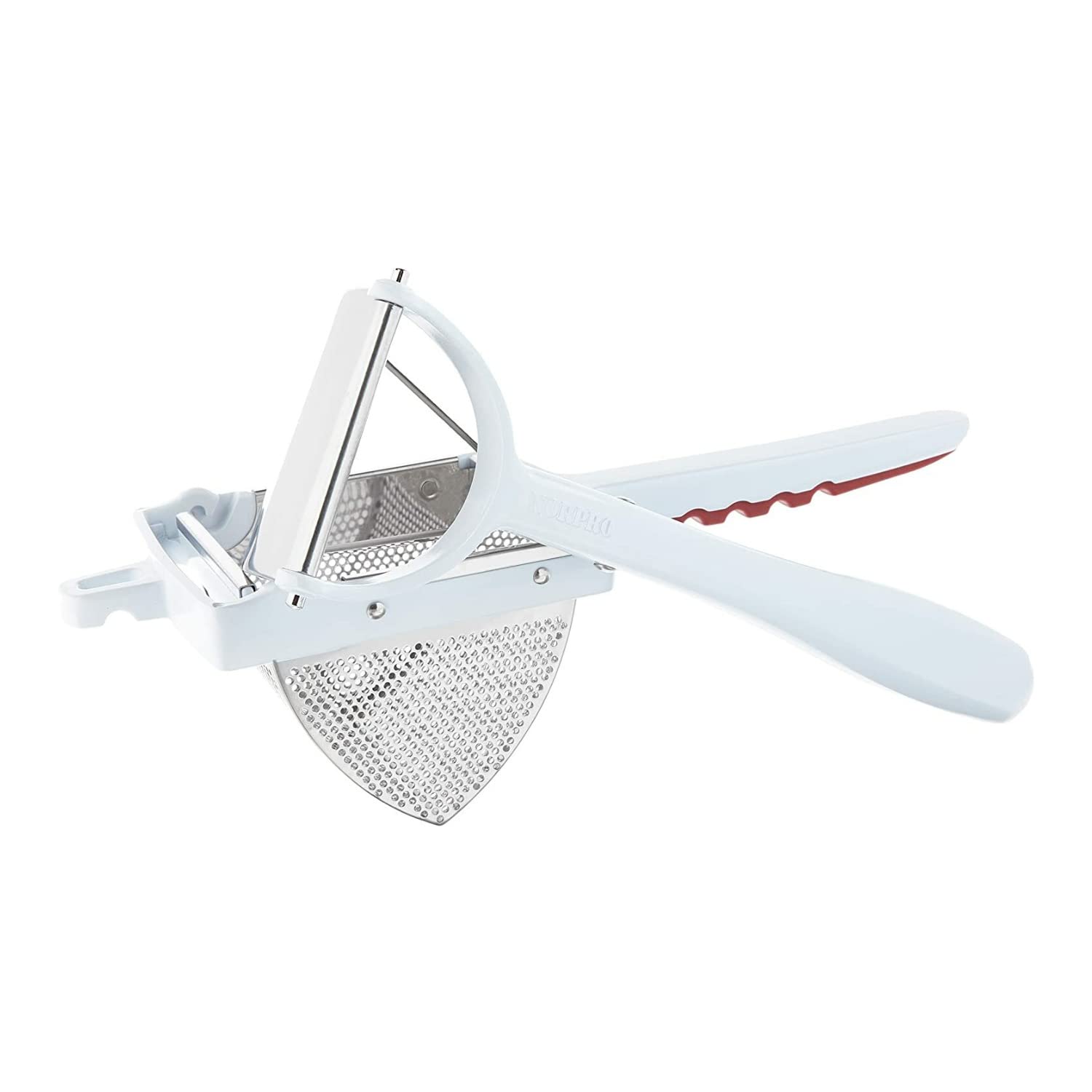 Norpro ricer in use over a mixing bowl pressing cooked potatoes to produce fluffy mash