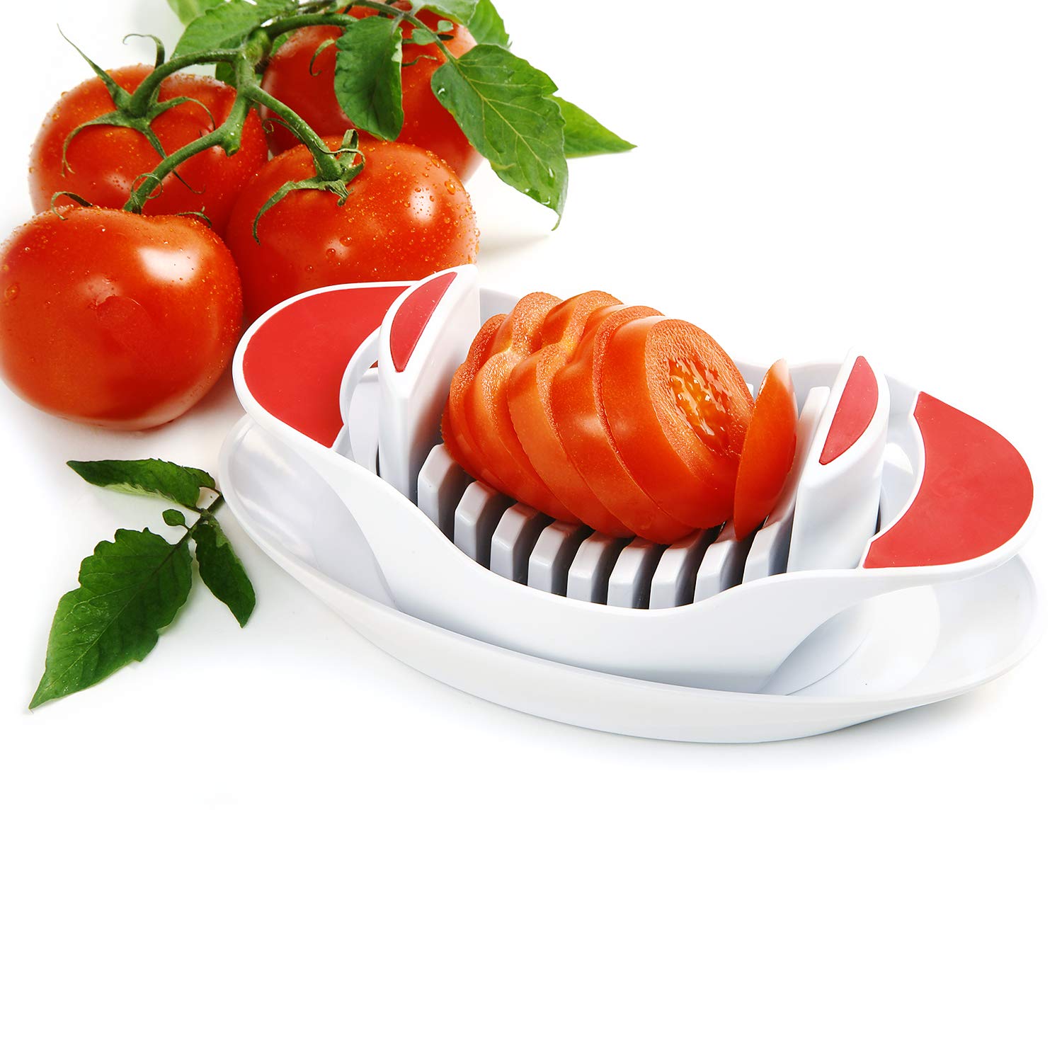 Norpro slicing a ripe tomato on a kitchen counter for faster prep