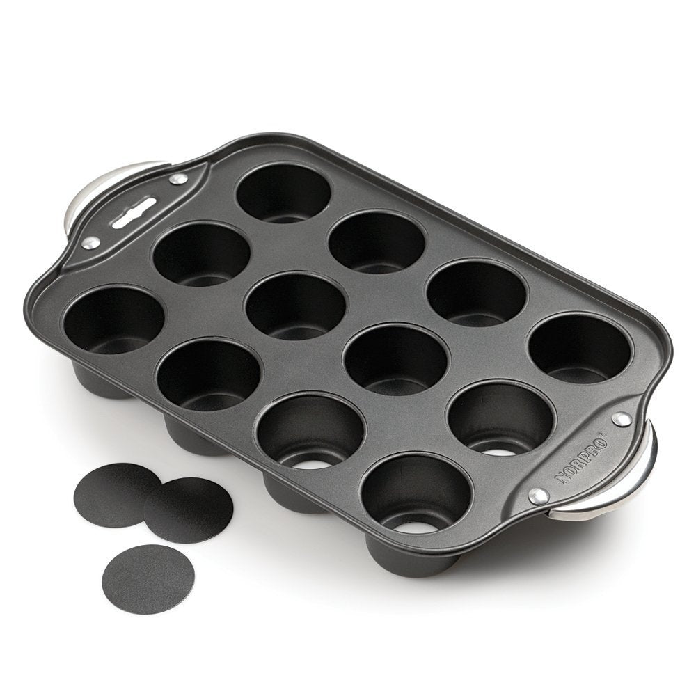 Norpro mini cheesecake pan front view showing 12 nonstick cups and handles for even baking