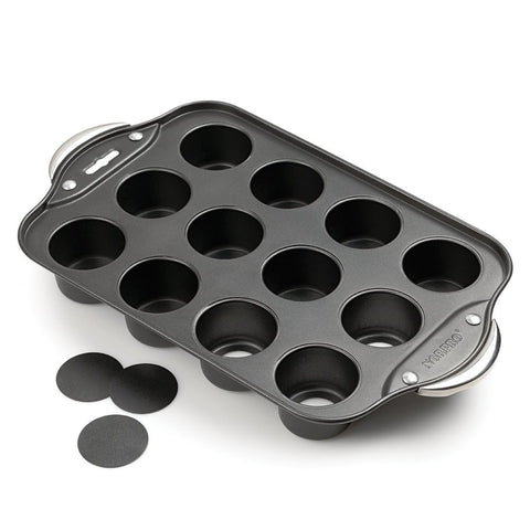 Norpro mini cheesecake pan front view showing 12 nonstick cups and handles for even baking