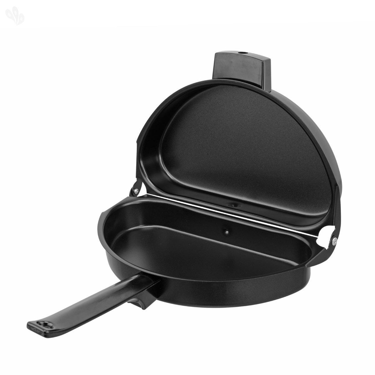 Norpro omelet pan front view showing dual cavities and handle for easy flipping