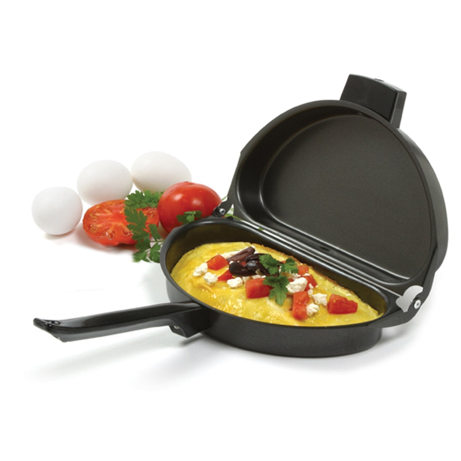 Norpro pan in use cooking eggs and hash browns demonstrating two-item cooking