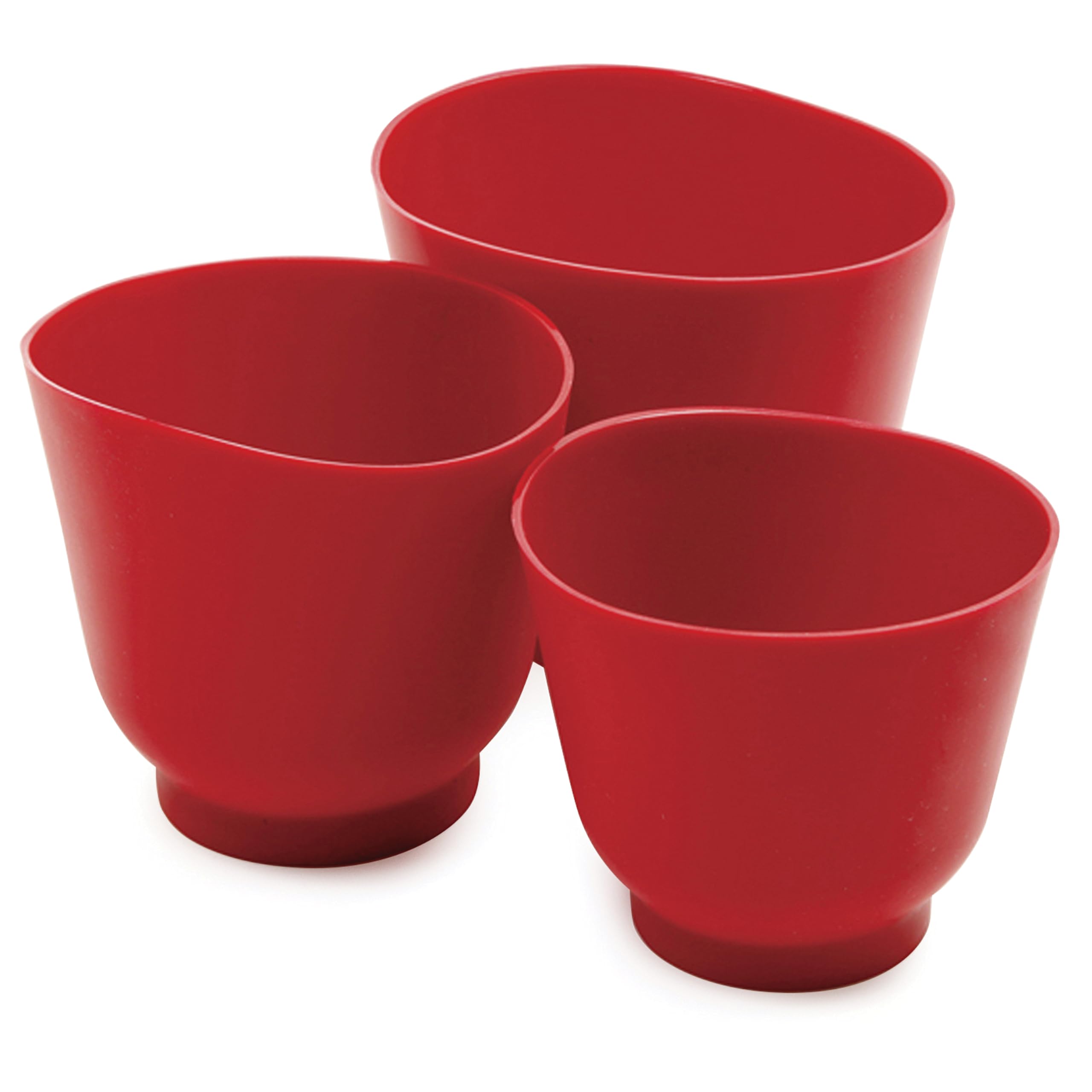 Norpro front view of red 3-piece silicone bowl set showing compact design and color
