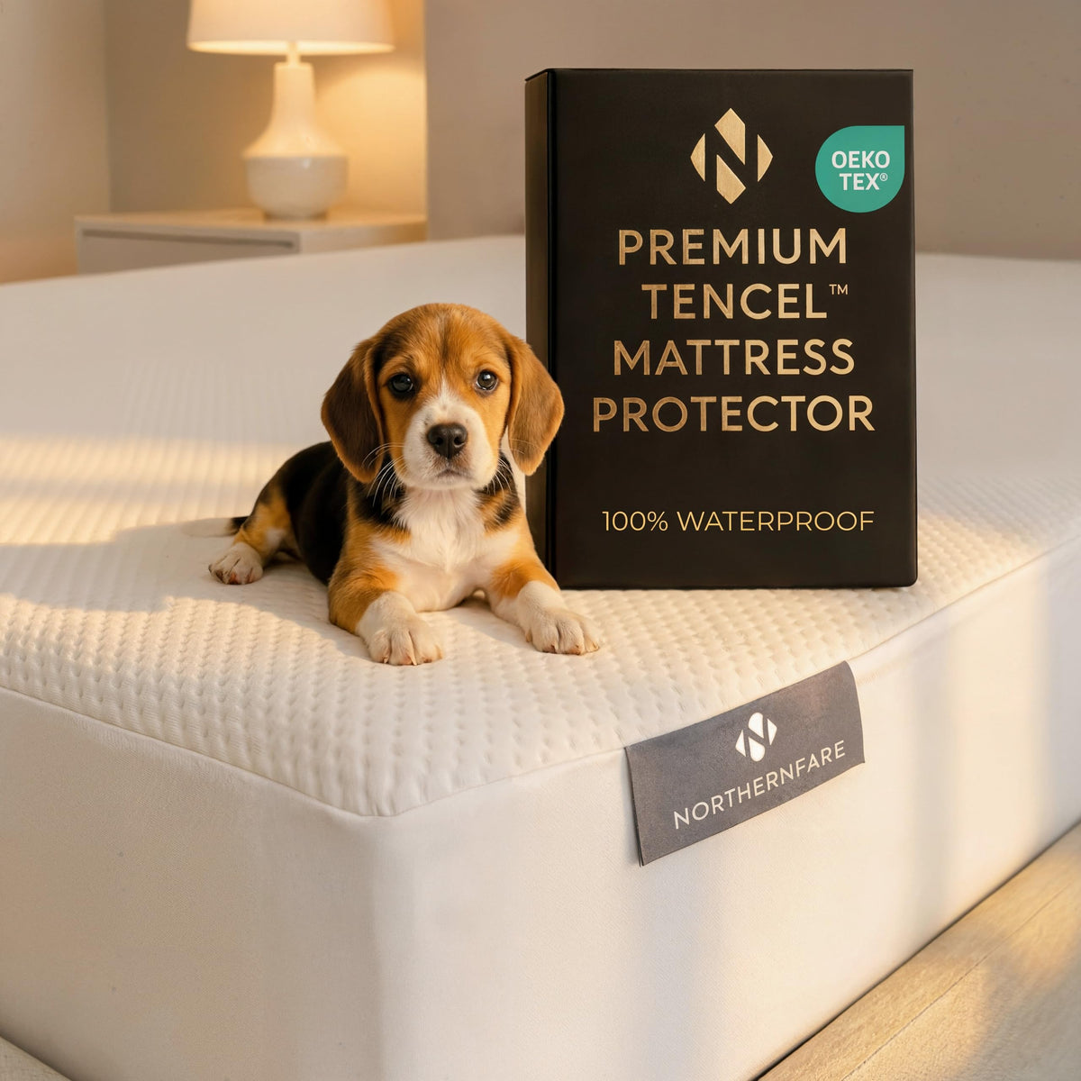 NORTHERNFARE front view of king-size protector showing fitted skirt and branding, protects mattress