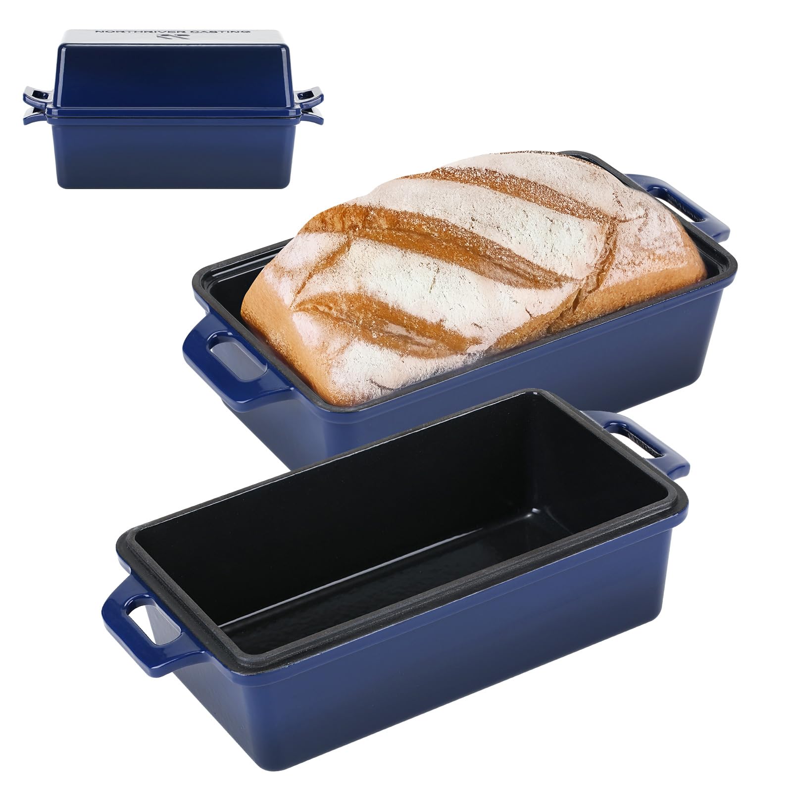 Northriver Casting front view of navy blue 2-in-1 loaf pan set, stylish durable bakeware
