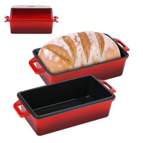Northriver Casting front view of red loaf pan showing sturdy build and even heat