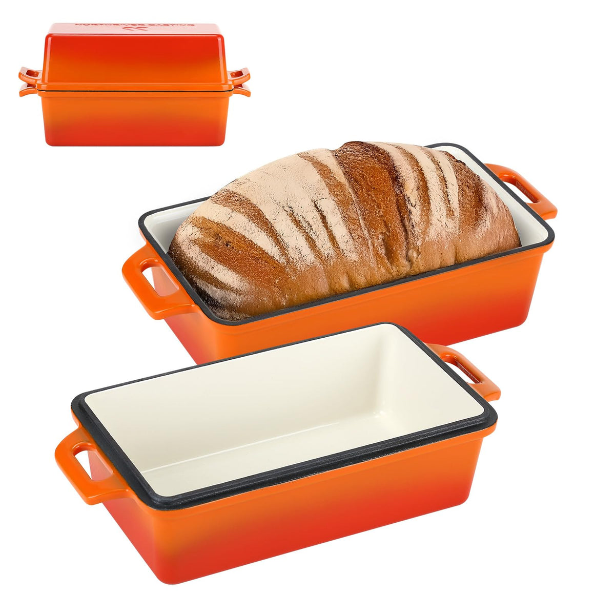Northriver Casting front view of loaf pan showing durable enamel and shape benefit even baking