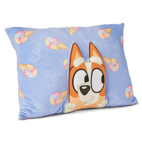 Northwest Bluey blanket neatly folded into pillow pocket — tidy travel storage
