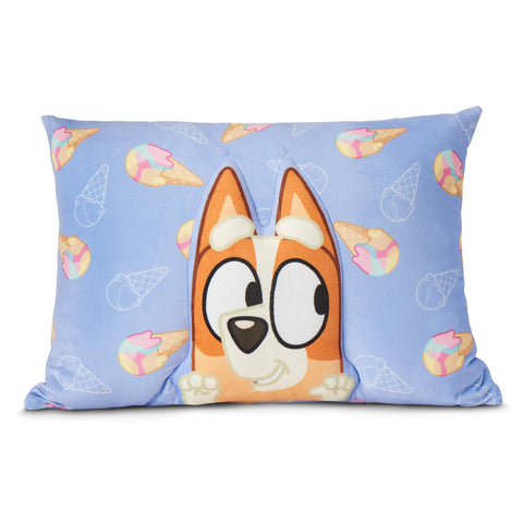 Northwest Bluey plush pillow 3D Bingo face close-up — playful comfort
