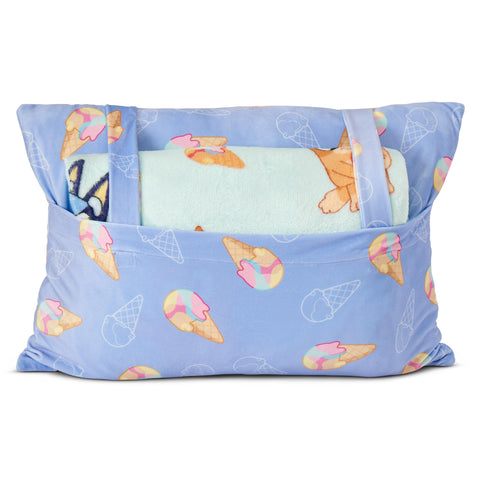 Northwest Bluey set beside child to show blanket and pillow scale — ideal sizing
