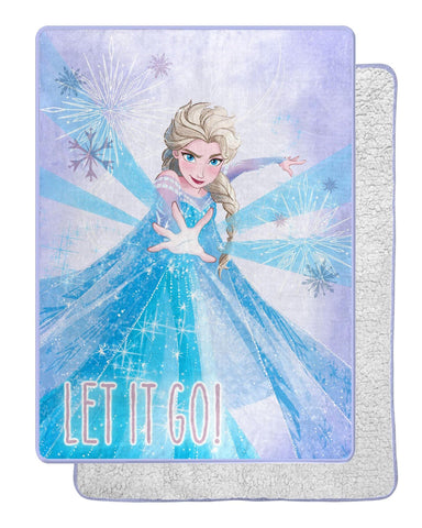 Northwest Elsa throw front view showing vibrant Elsa artwork and frosted believe motif