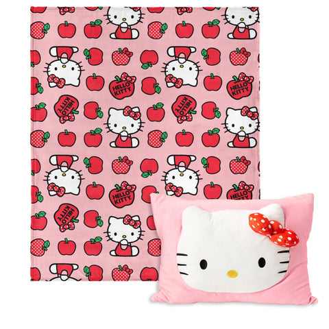 Northwest Hello Kitty front view of blanket and pillow showing cute design and cozy look
