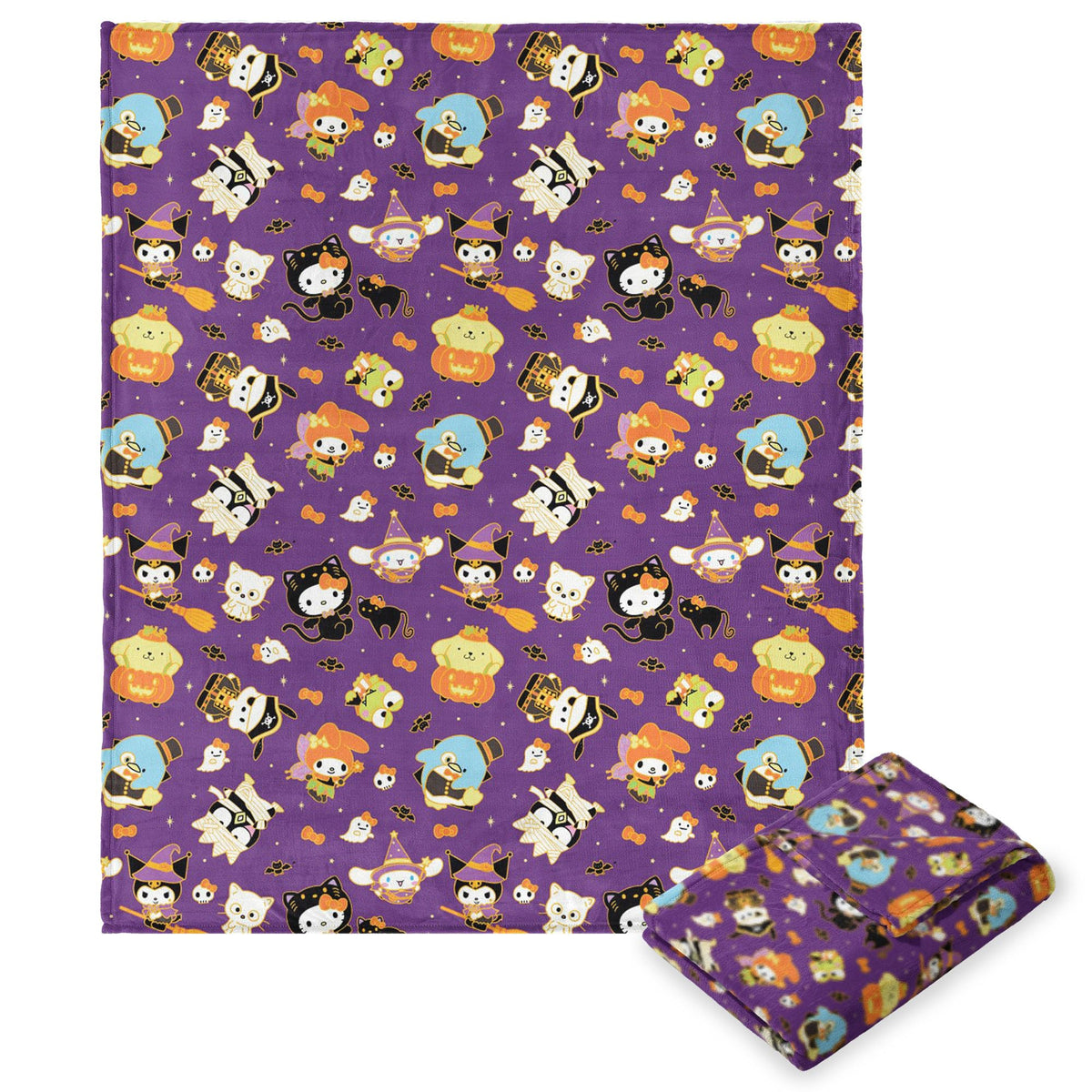 Northwest Hello Kitty throw front view showing Halloween gold design and soft texture
