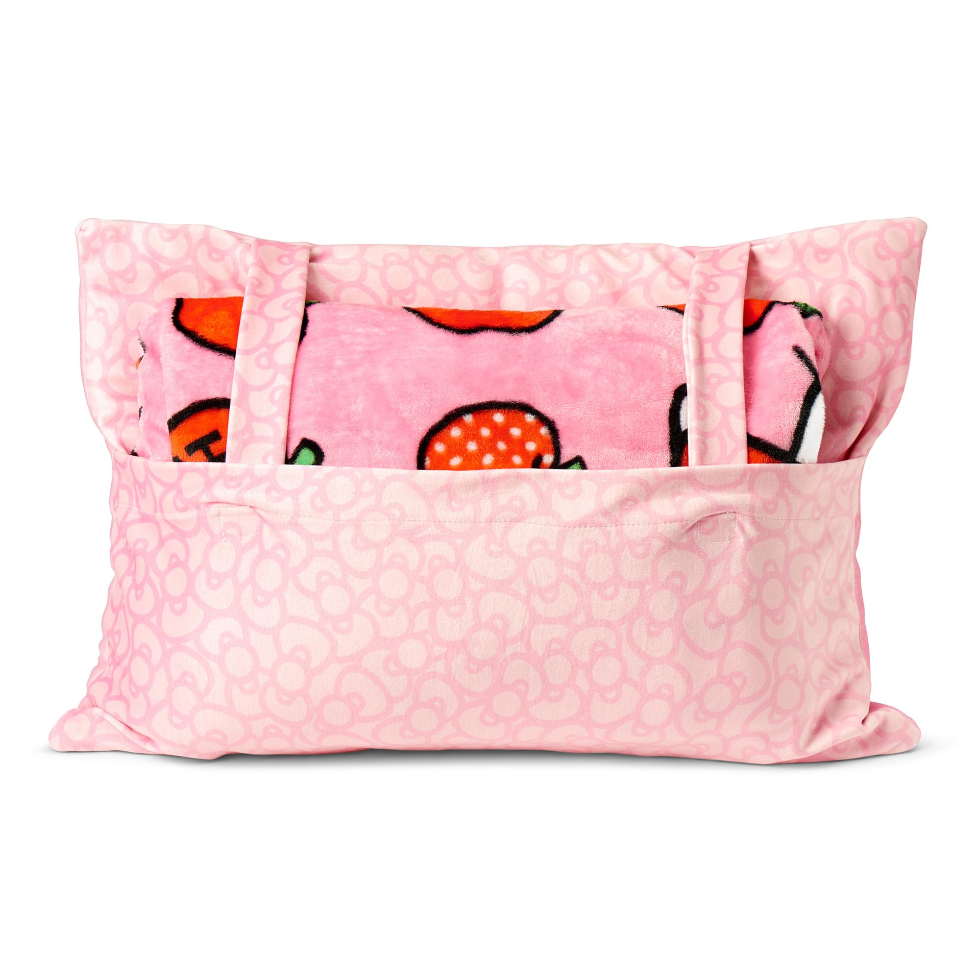 Northwest Hello Kitty pillow storing blanket in pocket demonstrating tidy portability