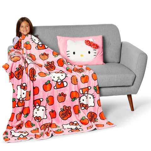 Northwest Hello Kitty throw on sofa showing true size and everyday living-room use