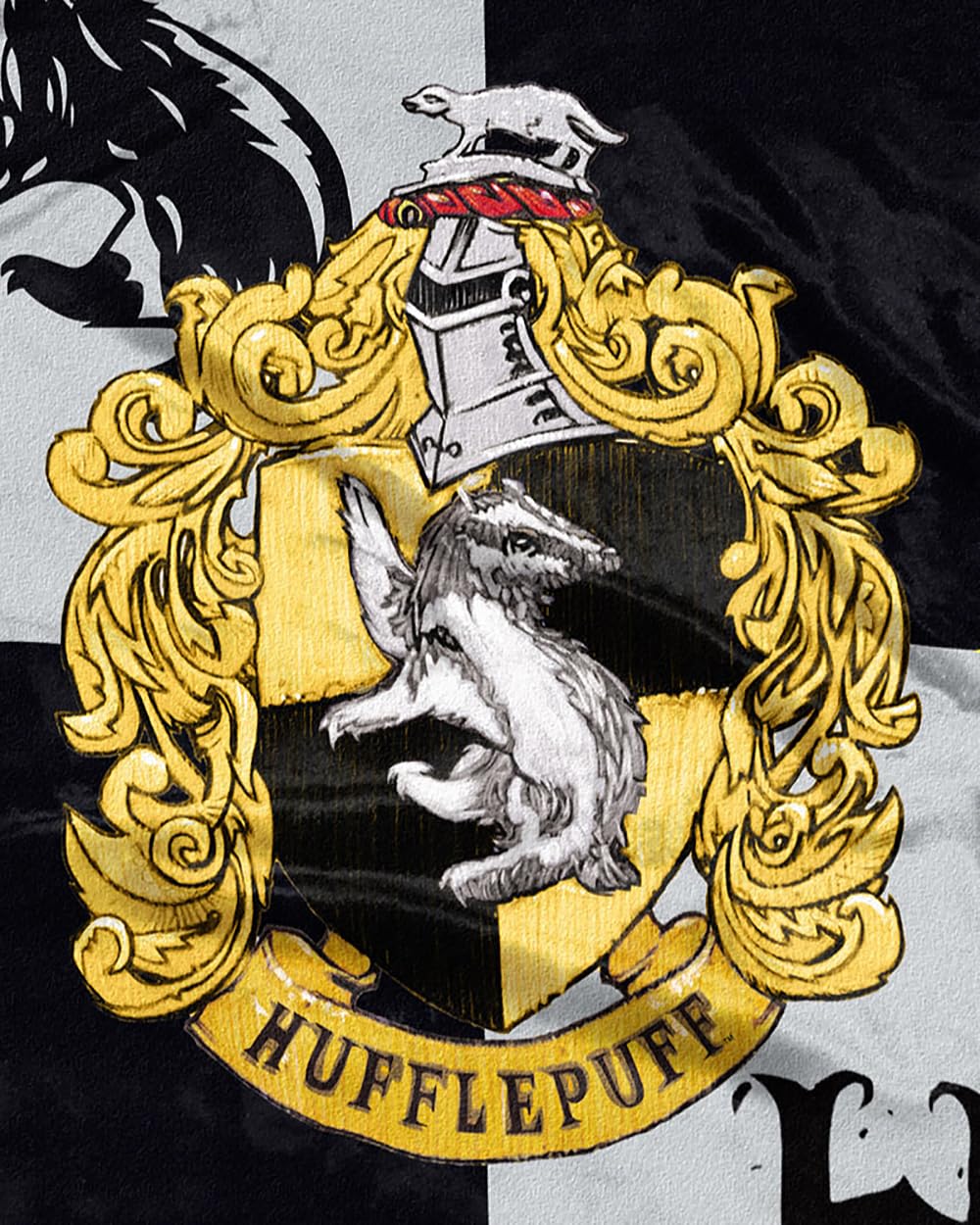 Northwest Hufflepuff blanket next to ruler illustrating 50 by 60 size