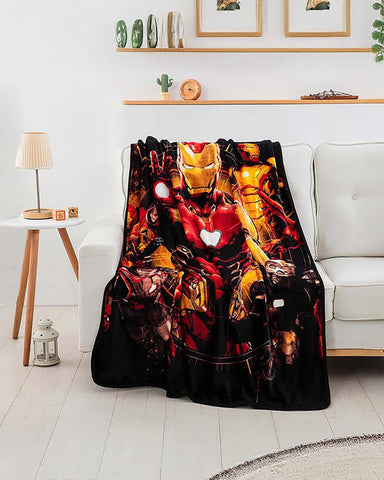 Northwest Iron Man throw draped on sofa in use for warmth and stylish living room decor