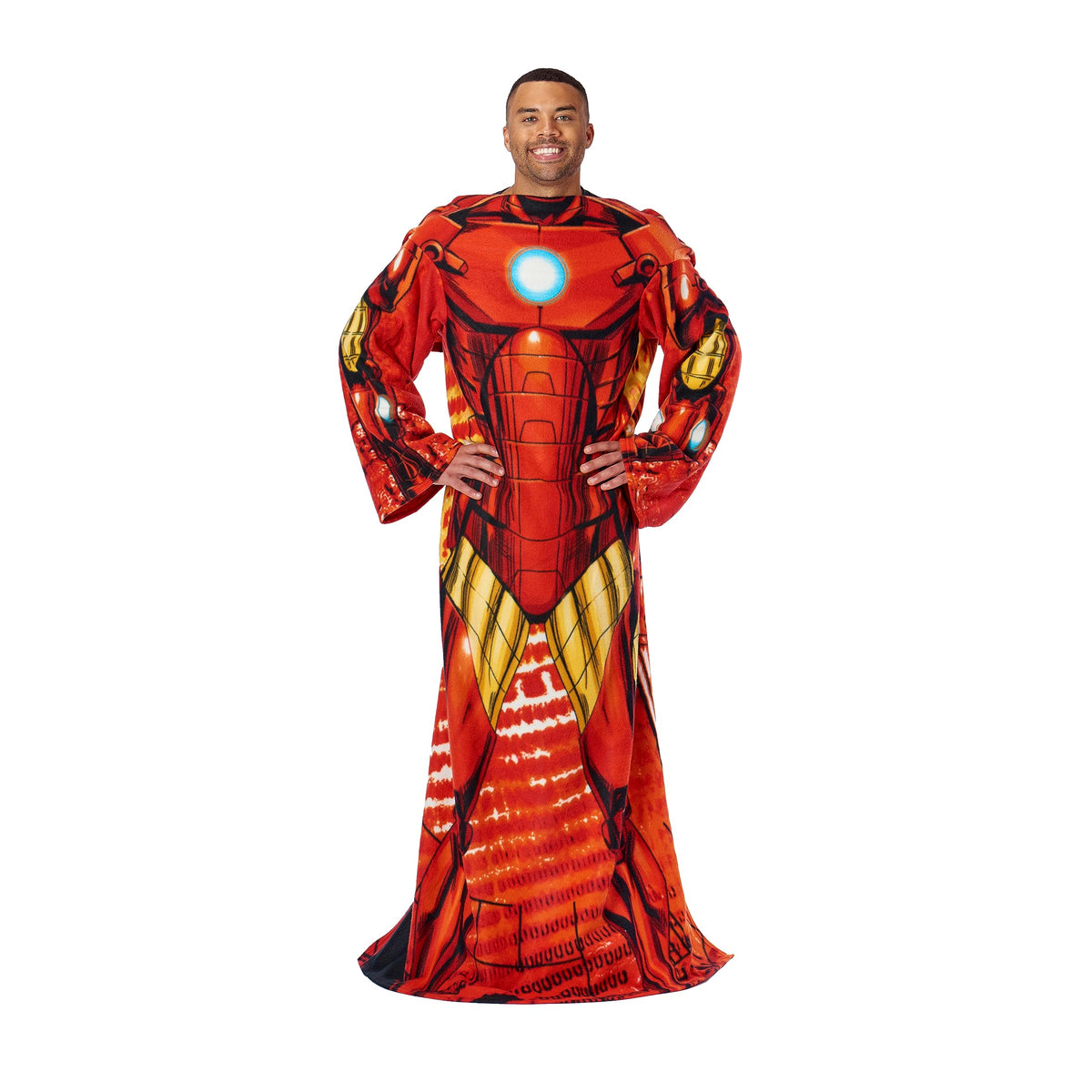 Northwest Iron Man front view showing bold superhero design and cozy warmth