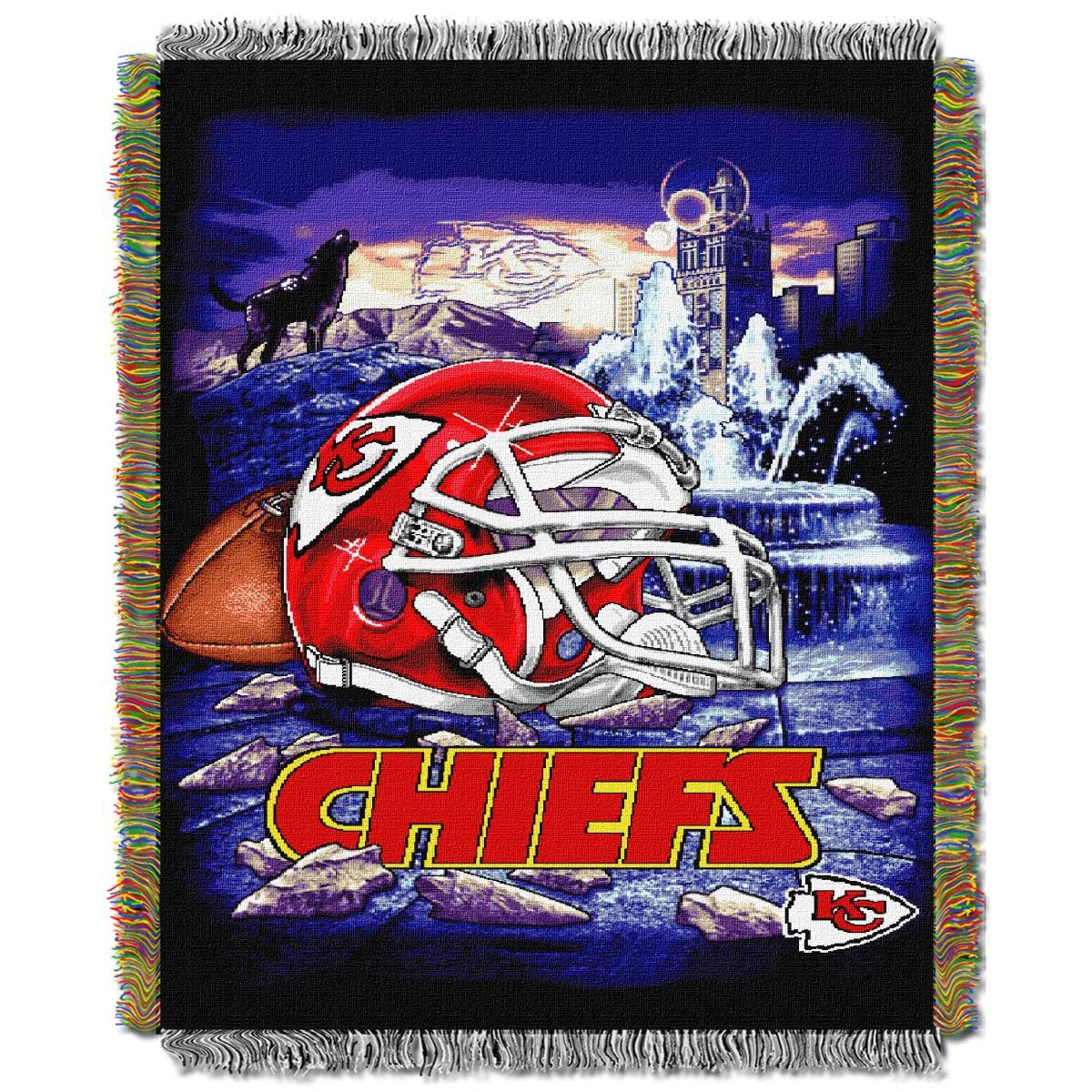 Northwest Kansas City Chiefs tapestry front view showing full team graphic and fringe benefit display